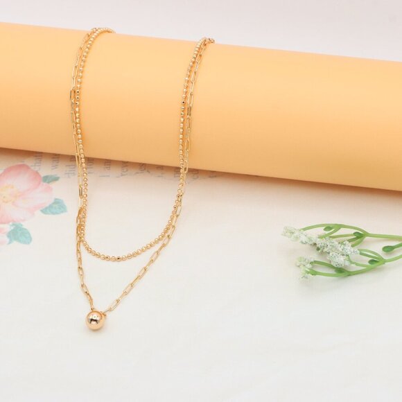Layered Rose Gold Necklace with Ball Charm, XPNL0350 - Picture 2 of 13